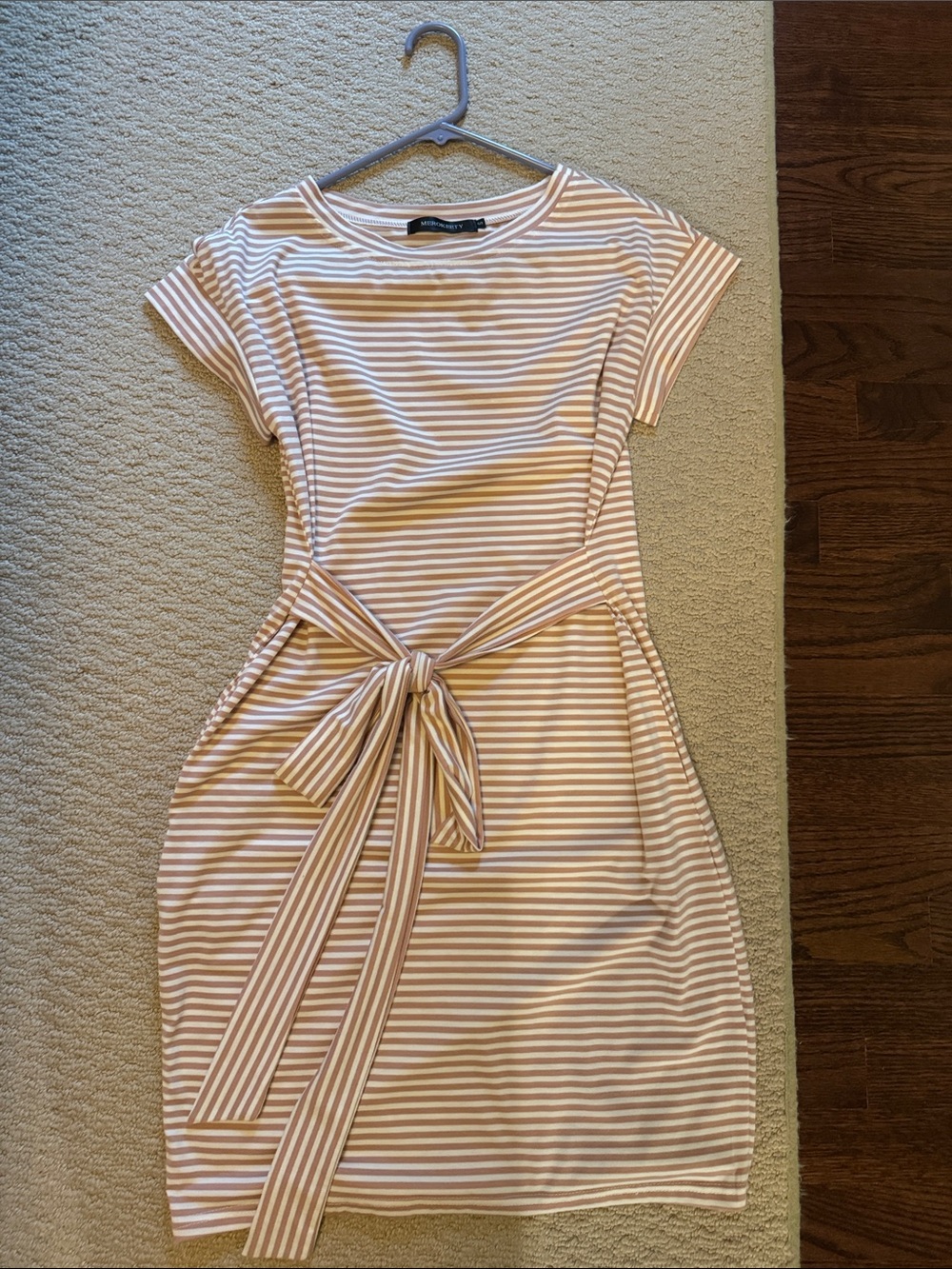 Striped Tie-Waist Midi Dress in Blush Pink